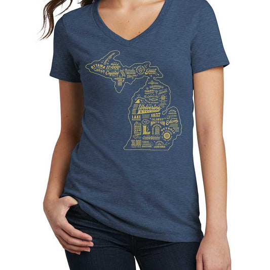Ladies Relaxed V-Neck Michigan Places - Deep Navy