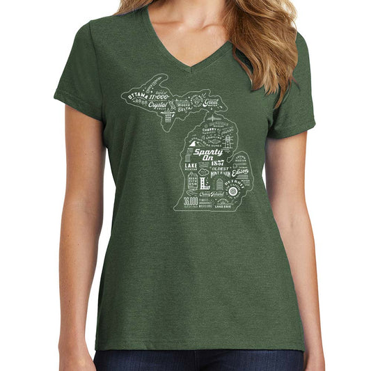 Ladies Relaxed V-neck Michigan Places - Deep Green