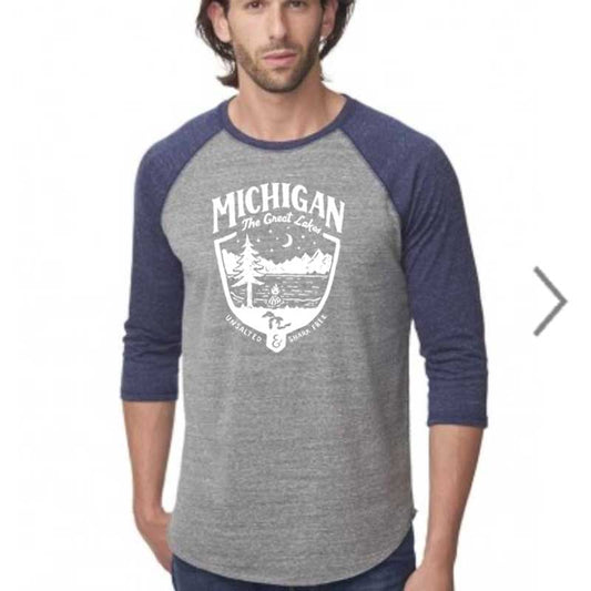 Mens Triblend 3/4 Sleeve Baseball T-Shirt Michigan Shield