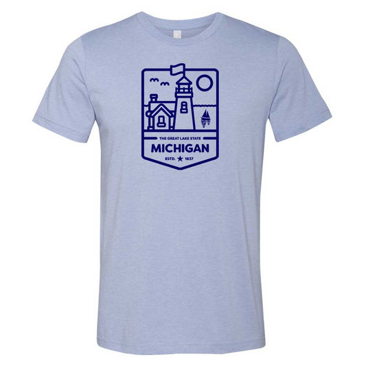 Mens T-Shirt Michigan Lighthouse (Heather Lake Blue)